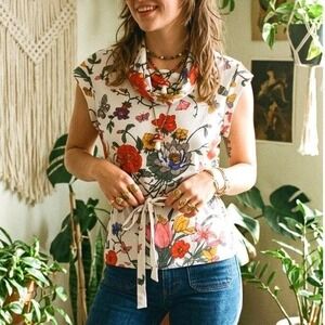 Vintage 1970s Butterfly Floral Cowl Neck Top S Boho Cottagecore Fairycore